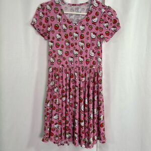 Little Snuggles Hello Kitty Dress Girls Size 12/14 Pink Strawberries Fit & Flare